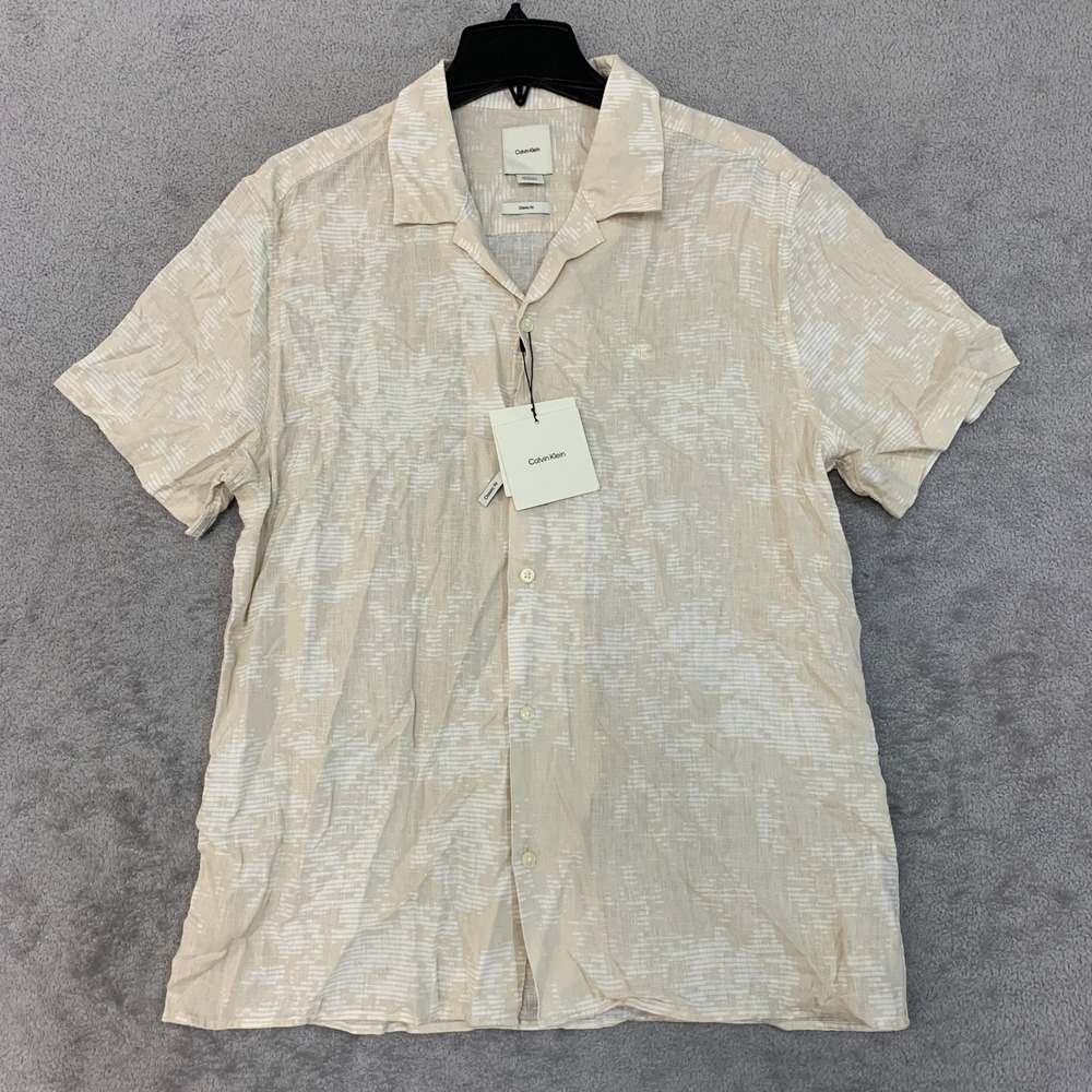 NWT Calvin Klein Classic Fit Button Down Shirt Men's Medium Beige Linen Blend